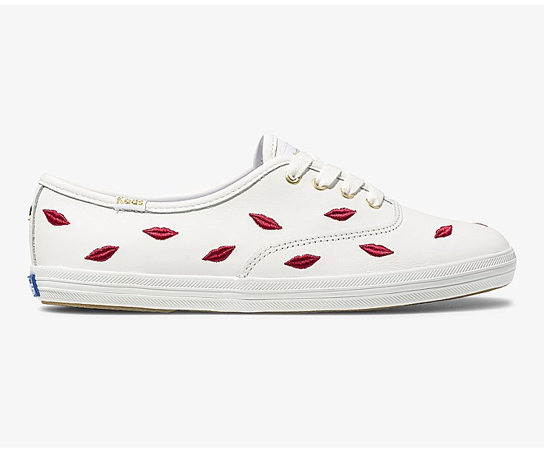 Keds Women's X Kate Spade New York Champion Leather Embroidered Lips Multicolor White Champion Shoes